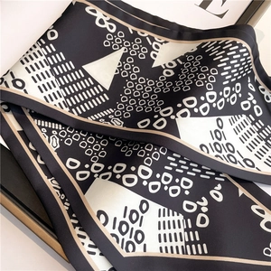 Elegant geometric pattern silk scarf with black white and gold modern abstract print