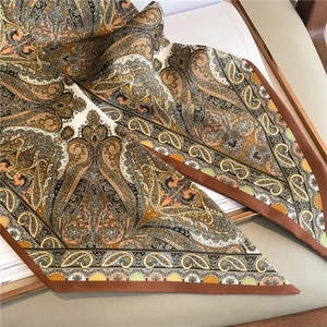 Elegant retro paisley pattern satin silk scarf with warm tones and classic border