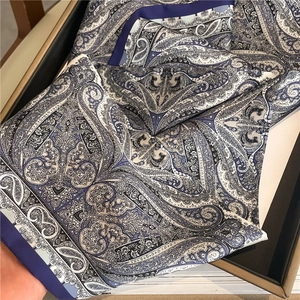 Elegant navy paisley print skinny silk scarf for women featuring premium satin finish