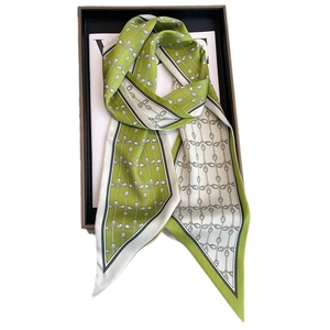 Olive green and cream thin silk scarf with botanical patterns in a gift box tray