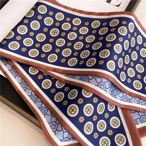 Elegant retro silk-feel narrow scarf with blue geometric patterns and red edges