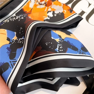 Artistic oil painting style narrow silk scarf with abstract blue and orange patterns