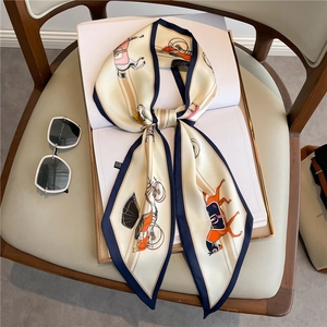 Narrow Satin Scarf Polyester Equestrian Carriage Print Long Streamer Scarf For Women Neck Tie Bag Accessory Fashion Office