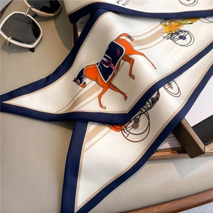 Elegant equestrian pattern silk twilly scarf with horse carriage print and navy border