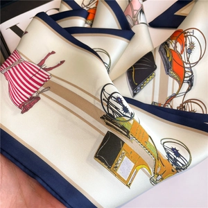 Silk-like carriage print scarf with navy borders and elegant vintage patterns