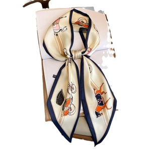 Elegant horse carriage print silk scarf with classic cream base and navy blue border trim