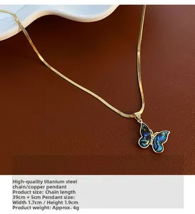 Detail shot of iridescent butterfly pendant with dimensions 1.7x1.9cm and steel chain