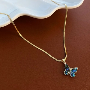 Butterfly Pendant Necklace Gold Plated Stainless Steel Snake Chain With Abalone Shell Copper Inlay Elegant Jewelry For Women