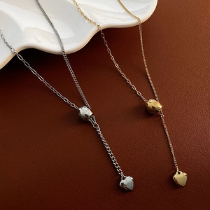 Heart Pendant Necklace Titanium Steel Adjustable Sliding Bead Y-Shaped Clavicle Chain For Women Minimalist Jewelry