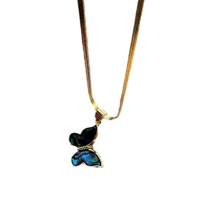 Golden snake chain necklace featuring a butterfly pendant with blue abalone shell inlay