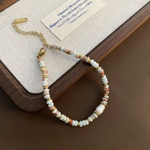 Bracelet Perlé Fait Main En Acier Inoxydable Pierre Naturelle Shoushan Avec Künstliche Perle Baroque Bijou Élégant Rétro Femme