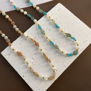 Handmade strawberry crystal beaded necklace with natural stones and gold metal spacers
