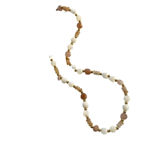 Handmade strawberry quartz beaded necklace with white pearls and gold spacers