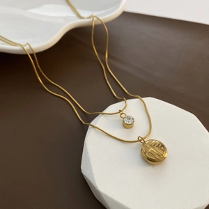 Double Layer Necklace Titanium Steel Gold Plated Zircon Pendant Round Blessing Charm Snake Chain Jewelry For Women
