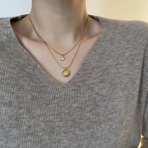 Double-layer gold necklace with Fu character pendant and zircon charm for women