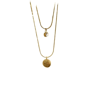 Double layer gold plated stainless steel necklace with crystal and Fu character pendant