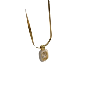 Golden flat snake chain necklace with white rectangular zircon pendant for women
