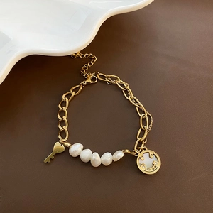 Baroque Freshwater Pearl Bracelet Titanium Steel Gold Plated Smiley Face Key Pendant Fashion Jewelry For Women