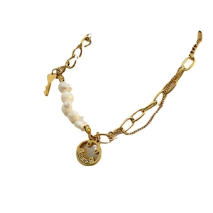 Baroque pearl smiley face bracelet with gold chain and small key pendant for women