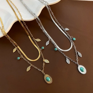 Collana A Doppio Strato In Acciaio Al Titanio Da Donna Con Pietra Stile Turchese E Ciondolo A Foglia Gioielli Retro Boho