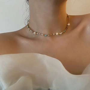 Handmade Baroque Freshwater Pearl Beaded Necklace For Women Bohemian Titanium Steel Shell Turquoise Vintage Elegant Choker