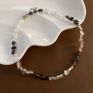 Collana E Bracciale Di Perline Di Cristallo Asimmetrico Pietra Irregolare Acciaio Titanio Catena Clavicola Stile Scuro Donne