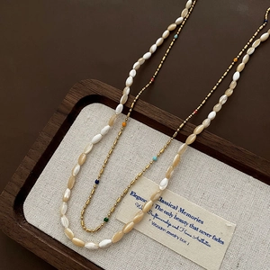 Layered Shell Beaded Necklace Stainless Steel Colorful Beads Choker Clavicle Chain Women French Retro Jewelry