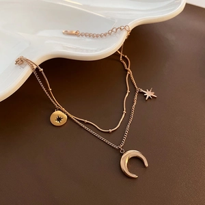 Bracelet Plusieurs Couches Étoile Et Lune Acier Inoxydable Or Rose Bijoux De Mode Pour Femmes Accessoire Minimaliste