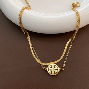 Double-layered gold titanium steel anklet with lucky character pendant and snake chain