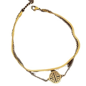 Double-layered gold titanium steel anklet with geometric hollow pendant and snake chain