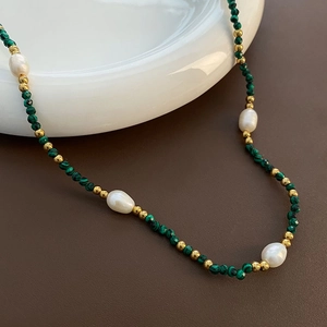 Vintage French Retro Beaded Necklace Titanium Steel Malachite Green Beads Irregular Artificial Baroque Pearls Collarbone Chain For Women