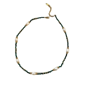 Green turquoise beaded necklace with natural pearls and K18 gold plated titanium steel clasp