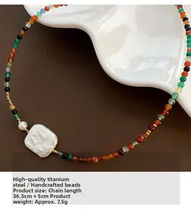Detailed close-up of Baroque pearl necklace with colorful stones and titanium steel specs