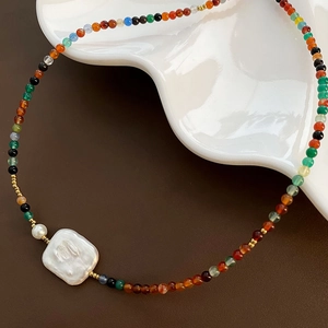 Baroque Freshwater Pearl Colorful Natural Stone Beads Necklace Titanium Steel Irregular Beaded Clavicle Chain Women