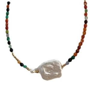 Baroque pearl necklace with multi-colored beads and large irregular white pearl center