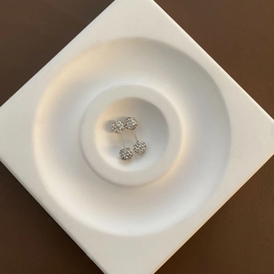 Macro shot of silver plated screw-back stud earrings with pave-set shimmering zircon stones