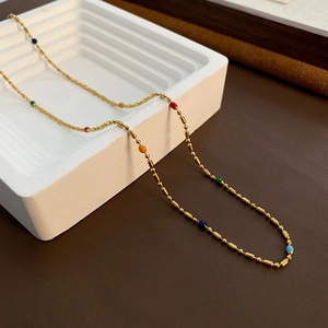 Colorful Beaded Necklace Titanium Steel Gold Plated Enamel Minimalist Bohemian Clavicle Chain For Women