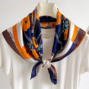 70x70cm faux silk square scarf with navy blue floral and geometric prints for women
