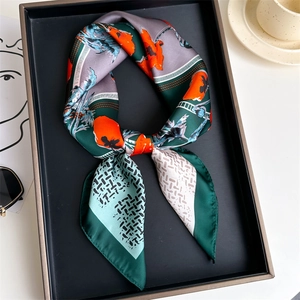Silk-satin 70x70cm square scarf with orange floral and green geometric patterns