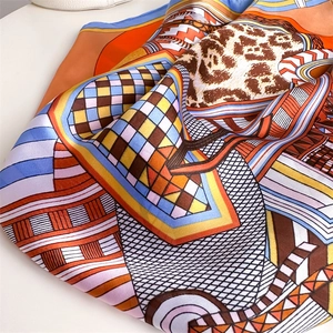 Detailed close-up of a 70cm silk scarf with leopard print and vibrant geometric patterns