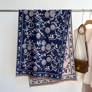 Navy floral cashmere scarf with vintage patterns and fringes for elegant winter styling