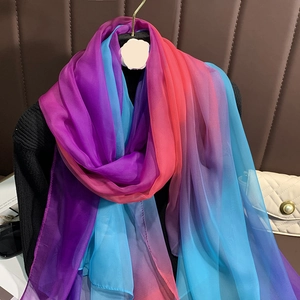 Texture détaillée d'un foulard en soie arc-en-ciel sur un pull noir et accessoires chics