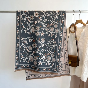 Detail of floral jacquard cashmere-feel shawl with elegant fringe edges and soft texture