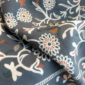 Close-up of gray scarf with floral pattern showing thick cashmere-like texture