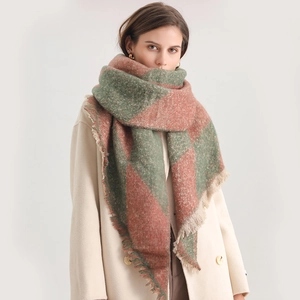 Western Style Checkerboard Scarf Faux Cashmere Winter Thickened Warm Plush Scarf For Women Frayed Edge Long Fringe Large Shawl