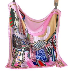 70x70cm faux silk headscarf with pink geometric graffiti pattern and satin finish