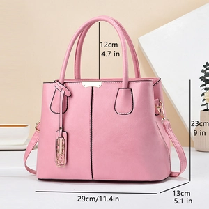 Pink PU leather tote bag dimensions guide showing height, length, and width parameters