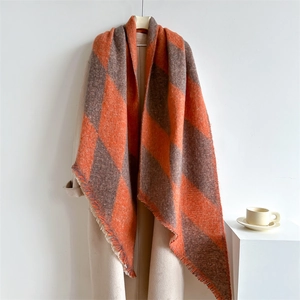 Thick checkered scarf in orange and dark coffee cashmere-like fabric with tassels