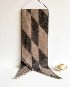 Detail of checkered cashmere-feel scarf with soft tassels and thick knit texture
