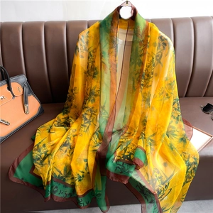 Elegant Women Large Faux Satin Shawl Scarf With Bamboo Floral Print Lightweight Sun Protection Wrap For Commuting